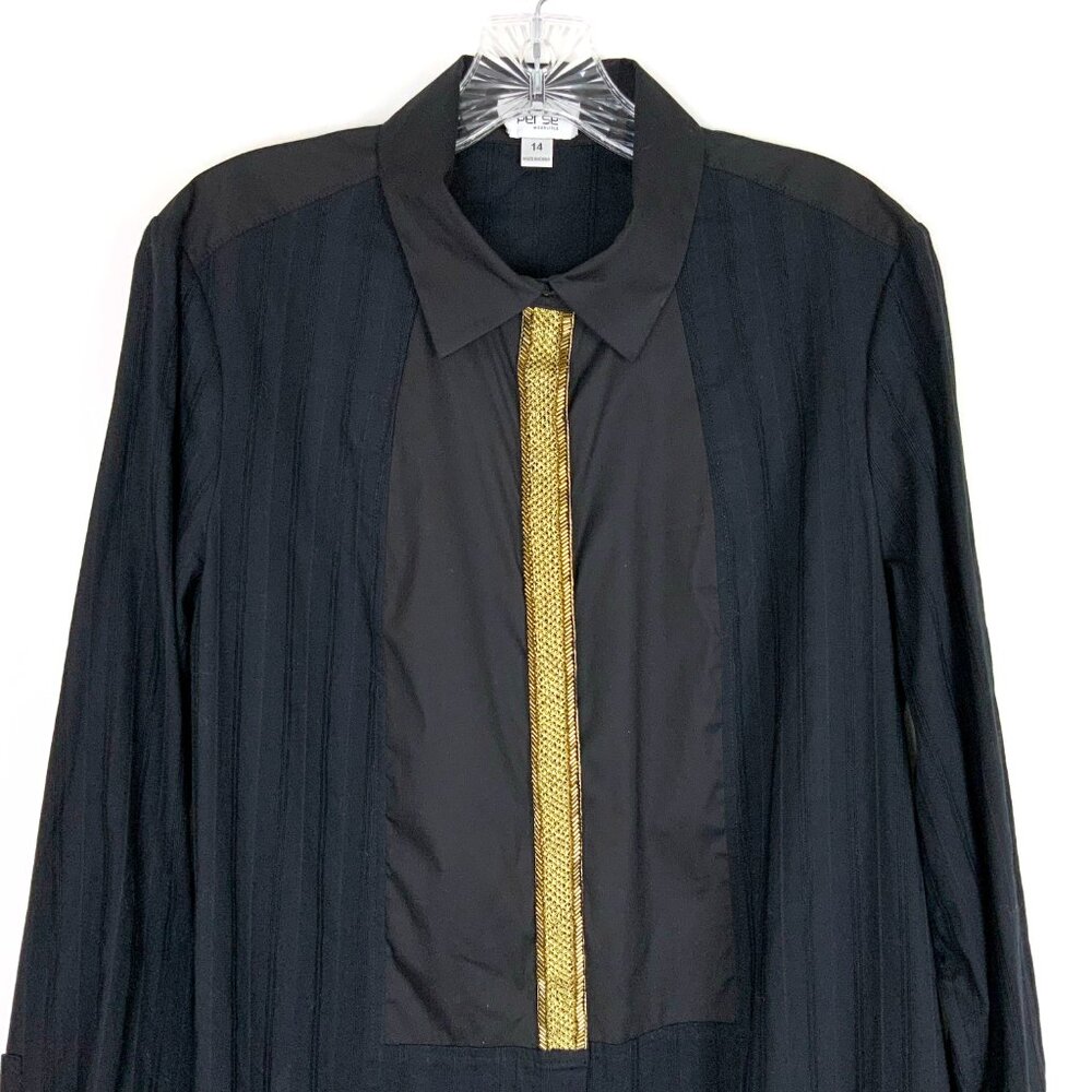 New Per Se by Carlisle Black Button Down Shirt Gold Embellishment Sz 14 - Picture 4 of 16